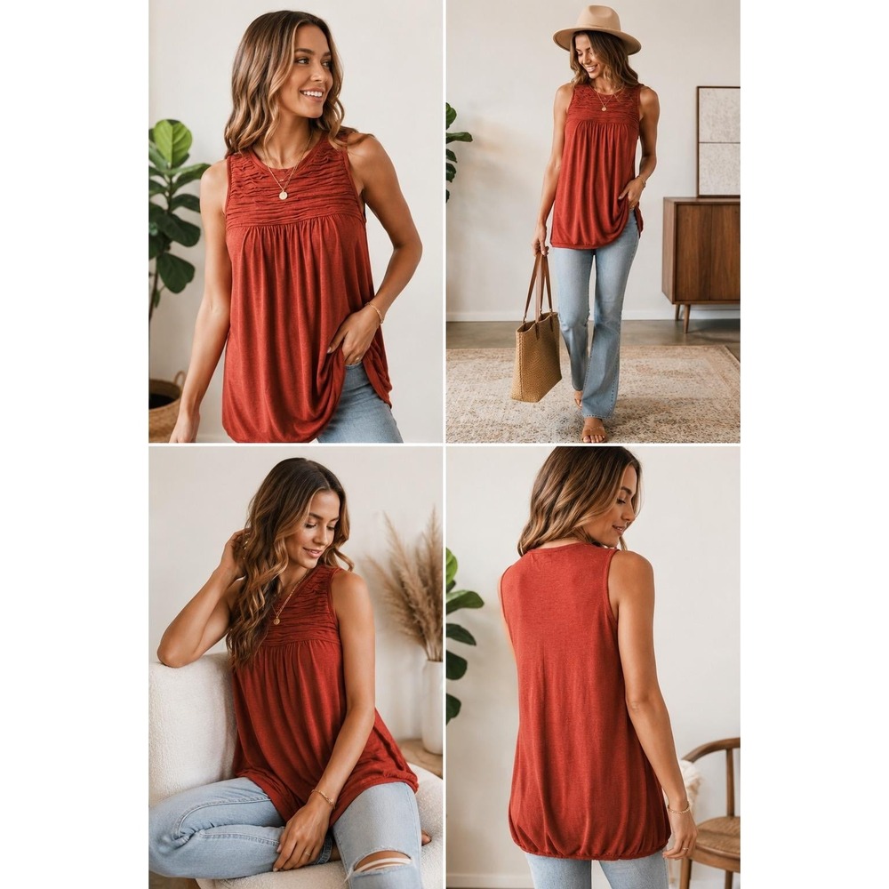 Max Studio Sleeveless Top Womens Small Rust Ruched Pleated Neck Jersey Knit